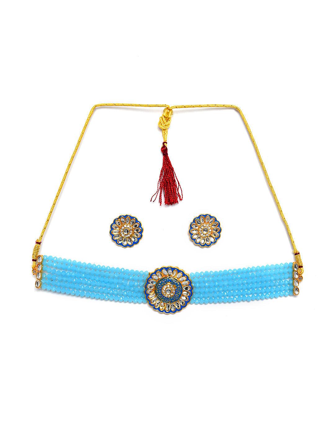 Women's Gold-Plated White & Blue Kundan-Studded & Beaded Meenakari Jewellery Set - Jazz And Sizzle - Indiakreations