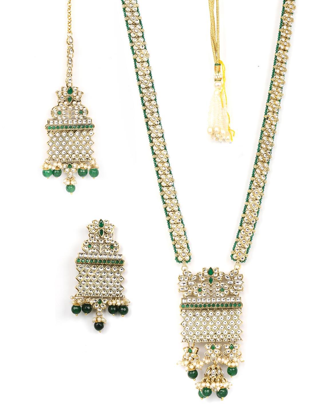 Women's Green Beads Kundan Emerald Gold Plated Rani Haar with Maang Tikka - Priyaasi - Indiakreations