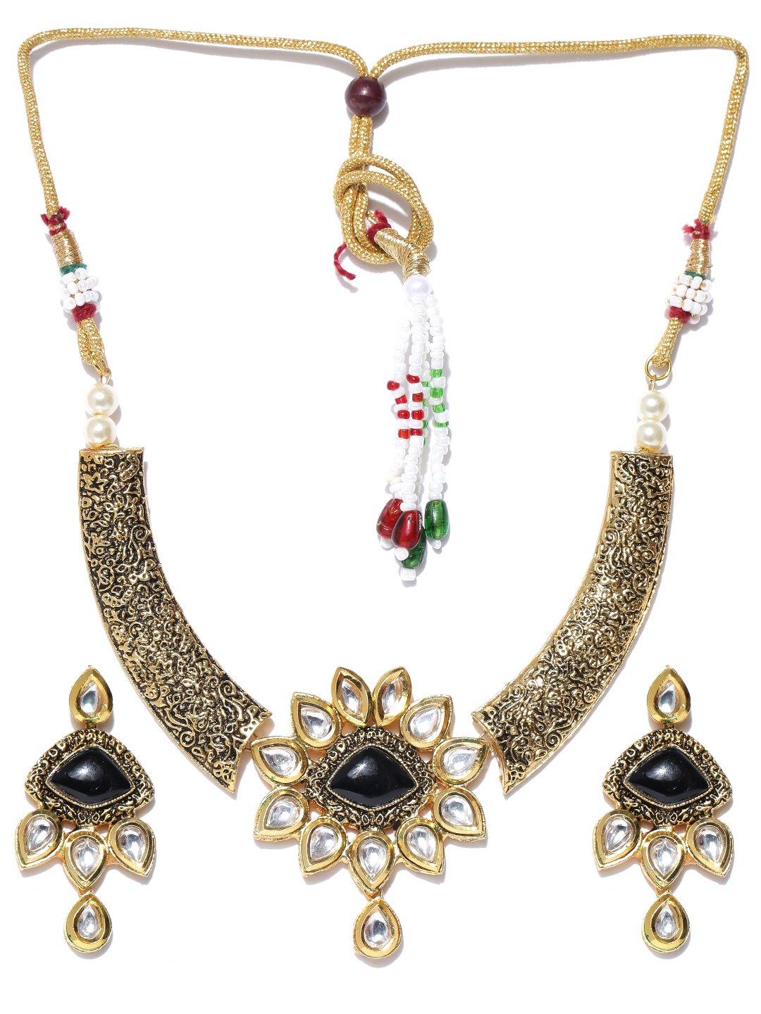 Women's Black Stones Kundan Pearls Gold Plated Jewellery Set - Priyaasi - Indiakreations