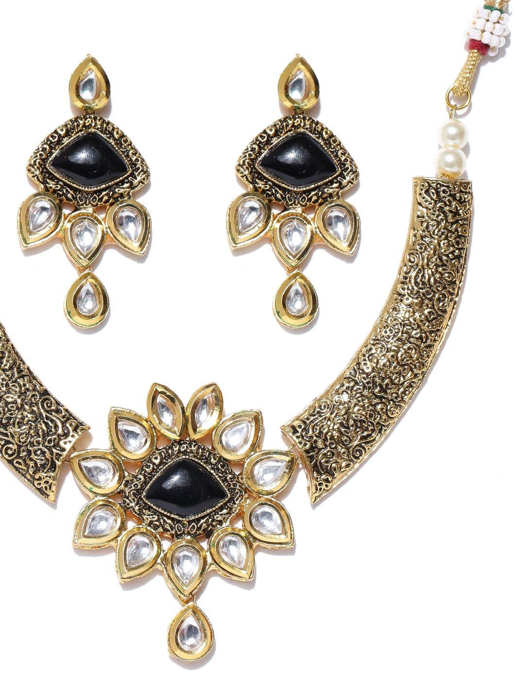 Women's Black Stones Kundan Pearls Gold Plated Jewellery Set - Priyaasi - Indiakreations
