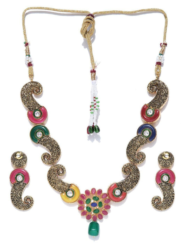 Women's Multi-Color Kundan Ruby Emerald Gold Plated Jewellery Set - Priyaasi - Indiakreations