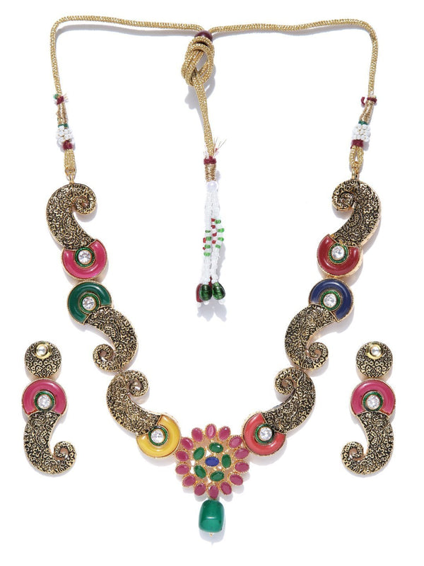 Women's Multi-Color Kundan Ruby Emerald Gold Plated Jewellery Set - Priyaasi