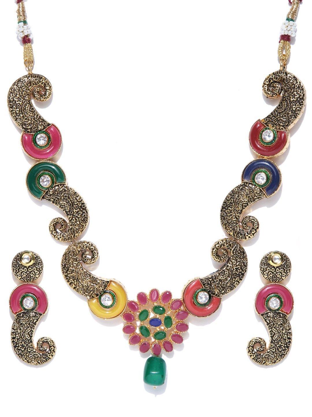 Women's Multi-Color Kundan Ruby Emerald Gold Plated Jewellery Set - Priyaasi - Indiakreations