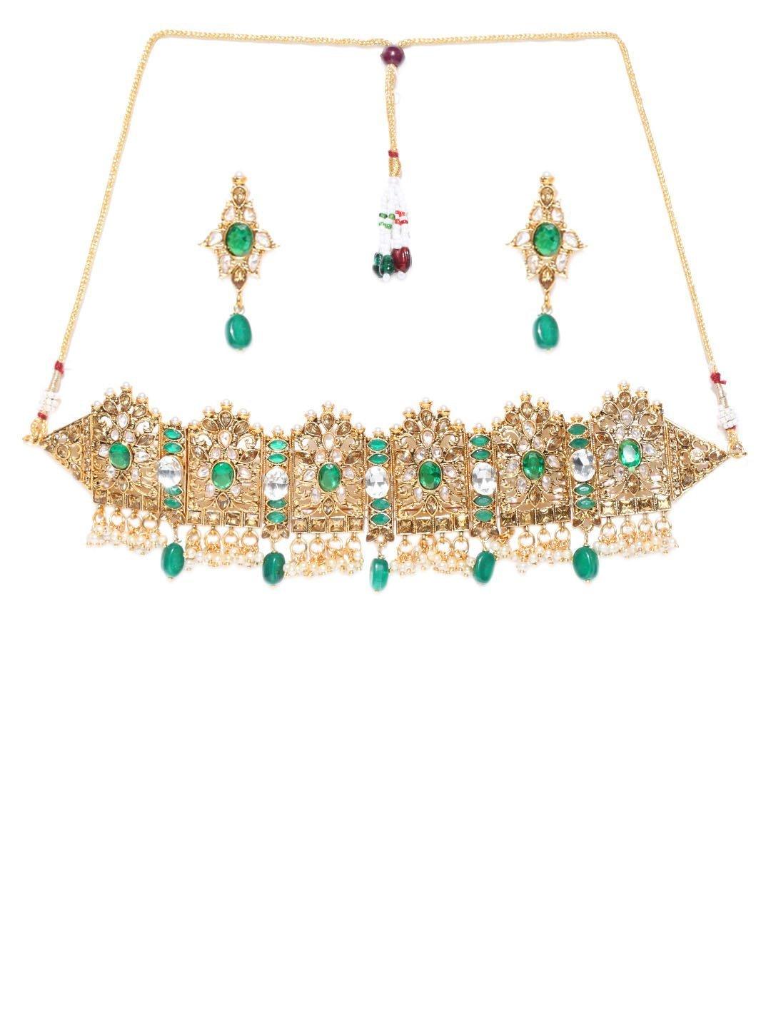 Women's Emerald Beads Kundan Gold Plated Floral Jewellery Set - Priyaasi - Indiakreations