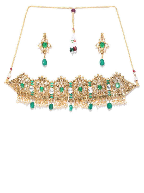 Women's Emerald Beads Kundan Gold Plated Floral Jewellery Set - Priyaasi