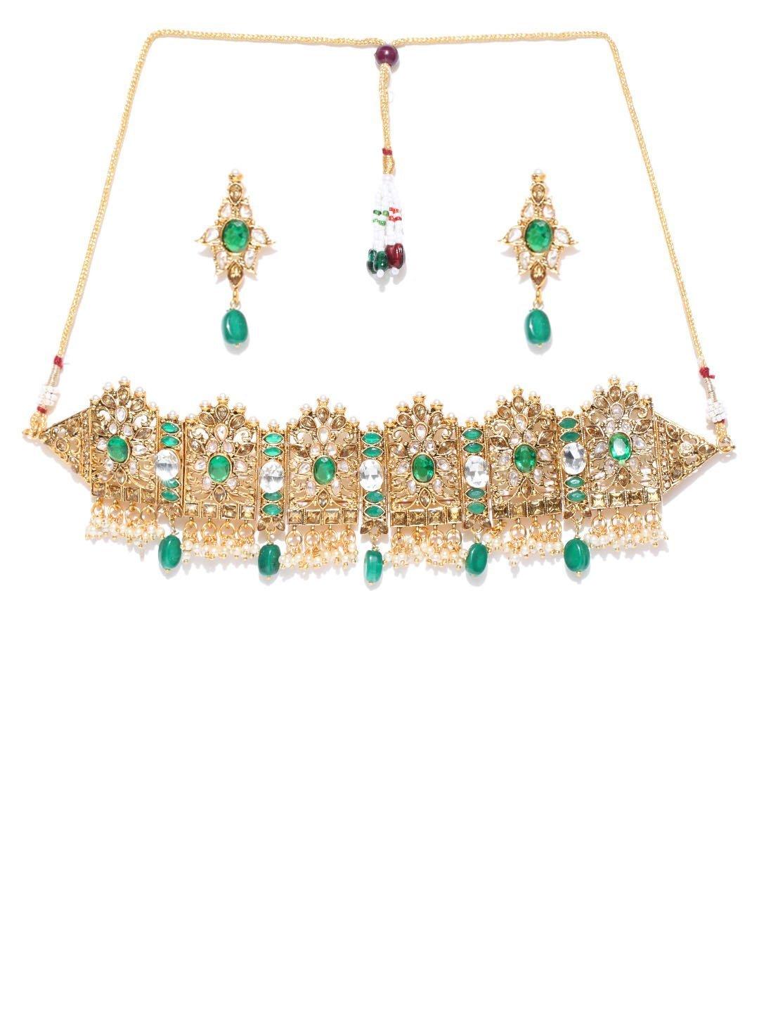 Women's Emerald Beads Kundan Gold Plated Floral Jewellery Set - Priyaasi - Indiakreations