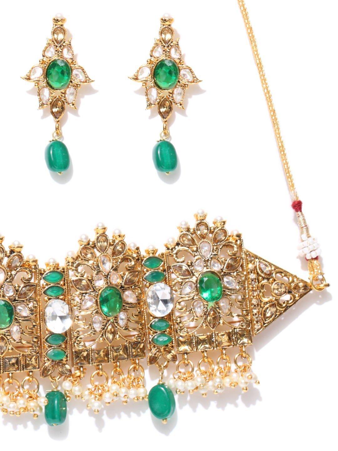 Women's Emerald Beads Kundan Gold Plated Floral Jewellery Set - Priyaasi - Indiakreations