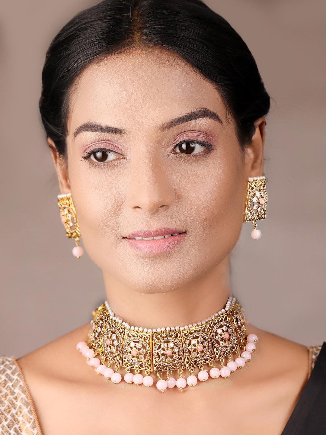 Women's Pink Pearls Beads Stones Gold Plated Choker Set - Priyaasi - Indiakreations