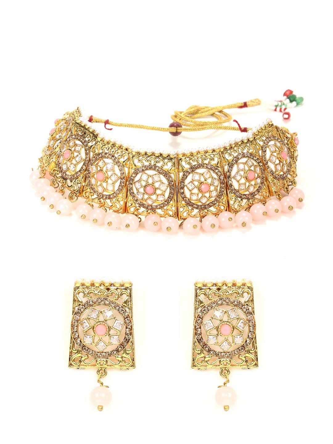 Women's Pink Pearls Beads Stones Gold Plated Choker Set - Priyaasi - Indiakreations