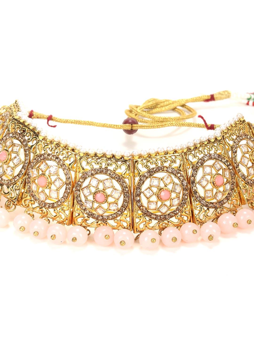 Women's Pink Pearls Beads Stones Gold Plated Choker Set - Priyaasi - Indiakreations