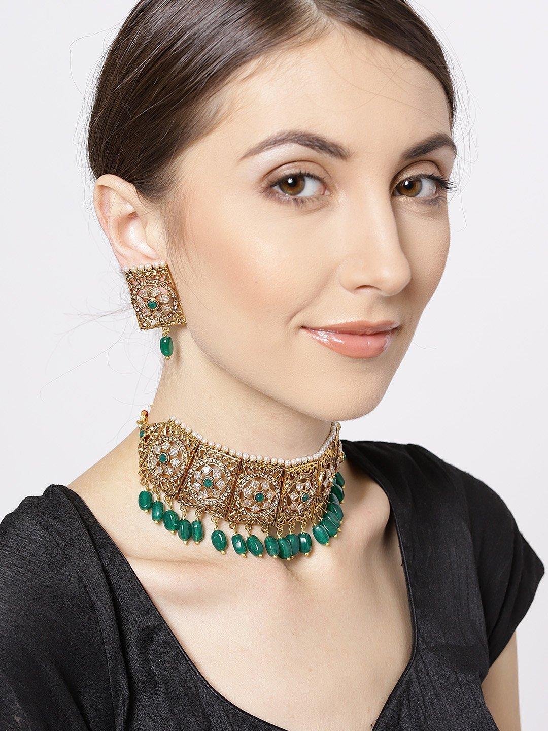 Women's Emerald Beads Stones Gold Plated Choker and Earrings Set- Priyaasi - Indiakreations