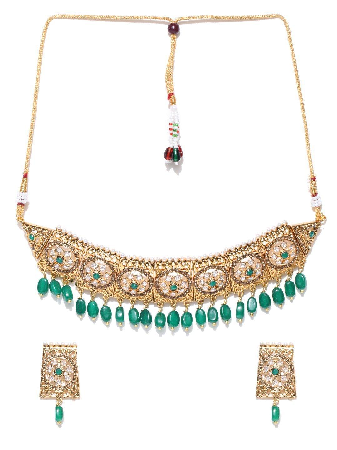 Women's Emerald Beads Stones Gold Plated Choker and Earrings Set- Priyaasi - Indiakreations