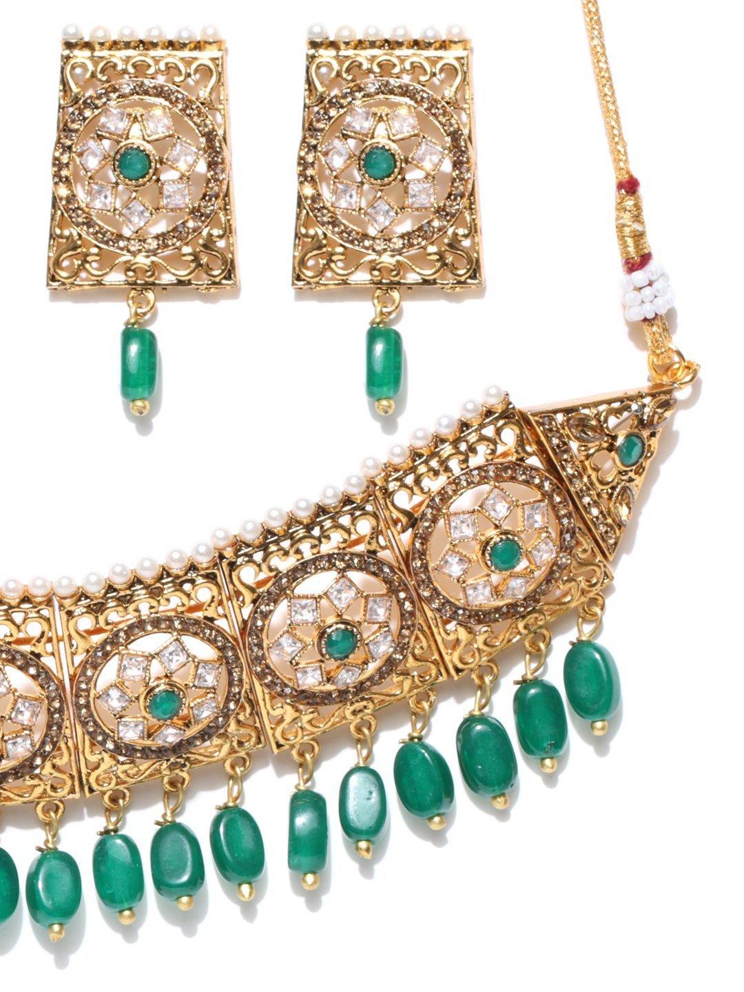 Women's Emerald Beads Stones Gold Plated Choker and Earrings Set- Priyaasi - Indiakreations