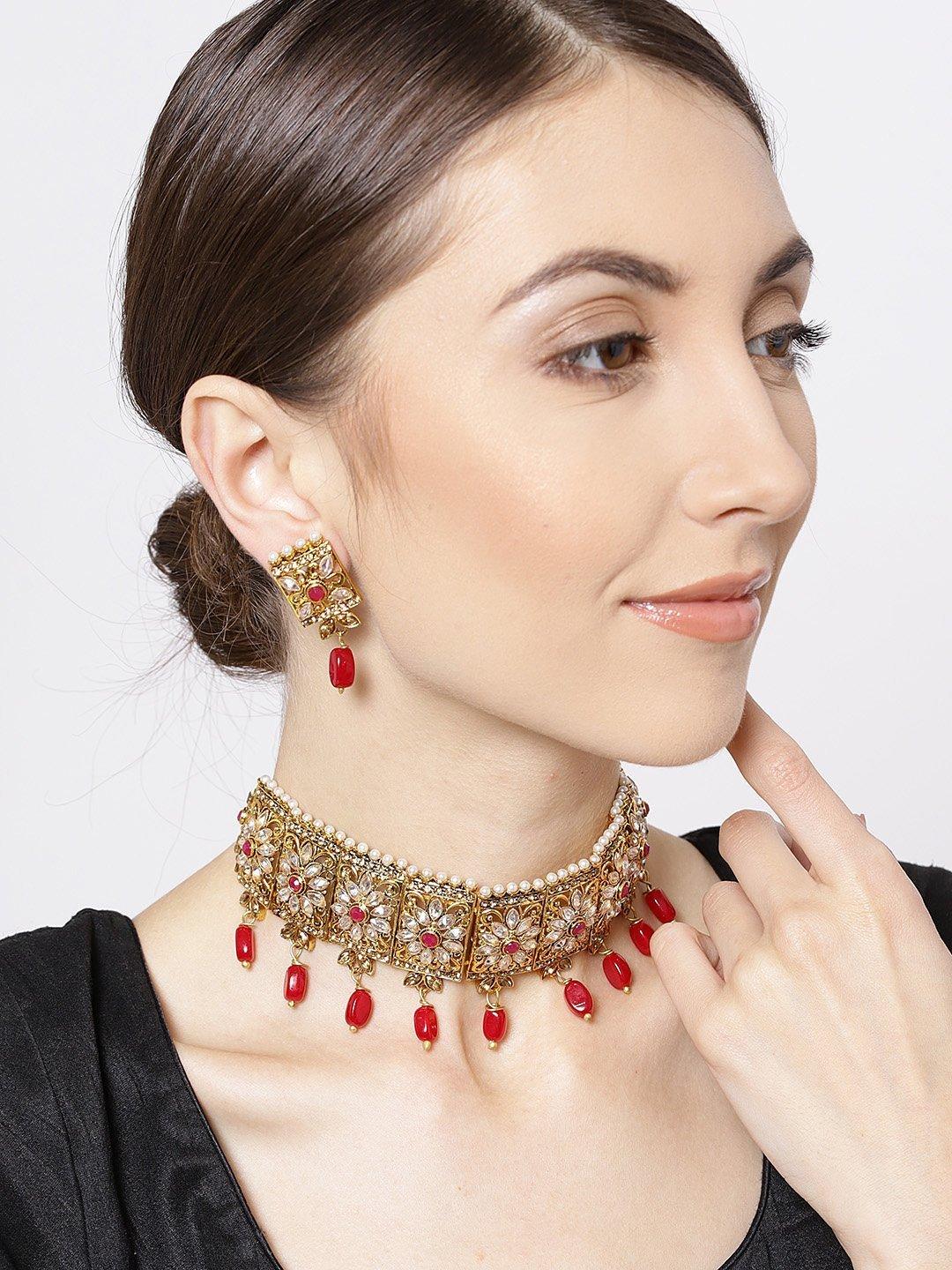 Women's Kundan Ruby Gold Plated Square Choker - Priyaasi - Indiakreations