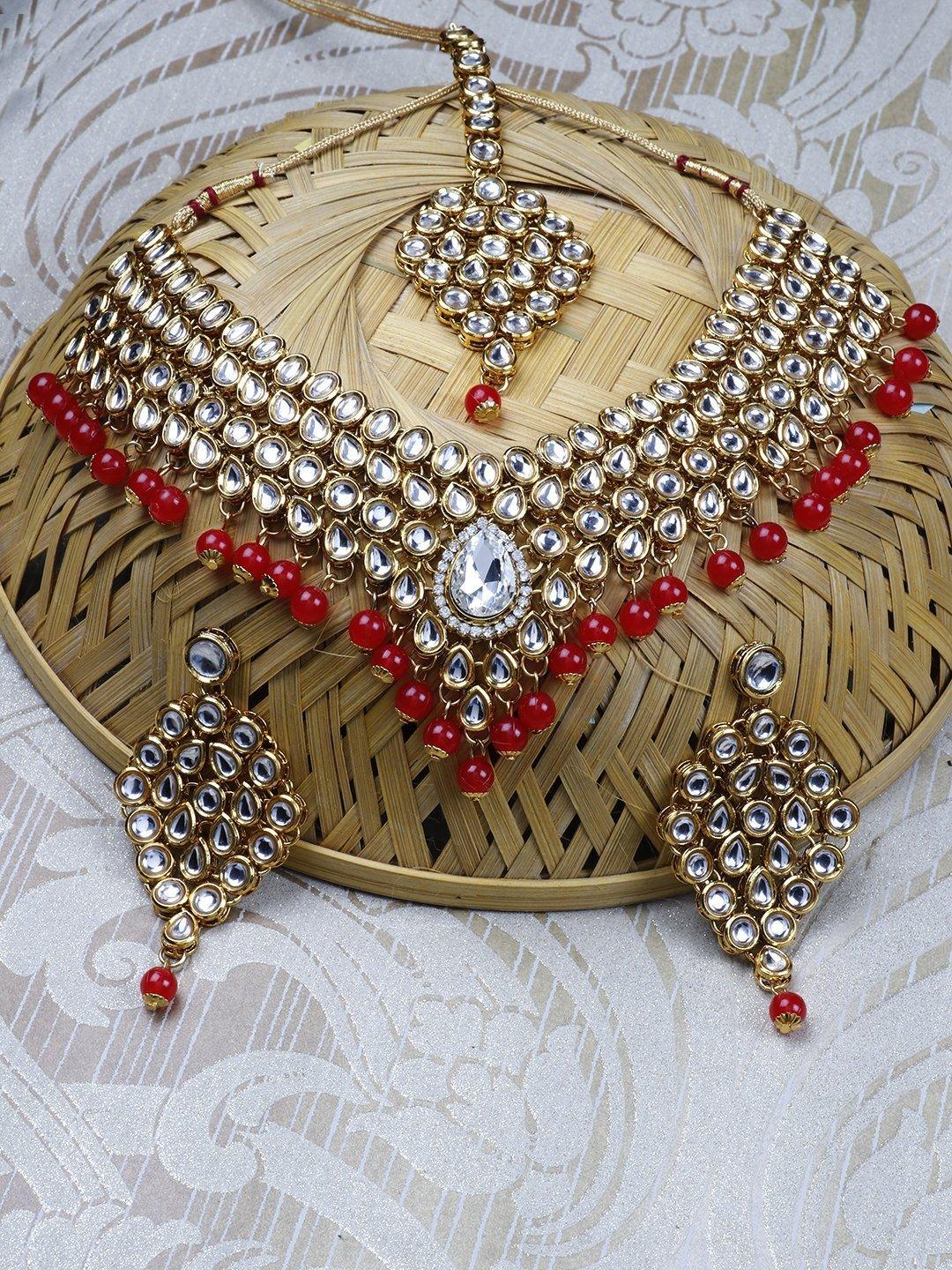 Women's Kundan Ruby Gold Plated MaangTika Jewellery Set - Priyaasi - Indiakreations