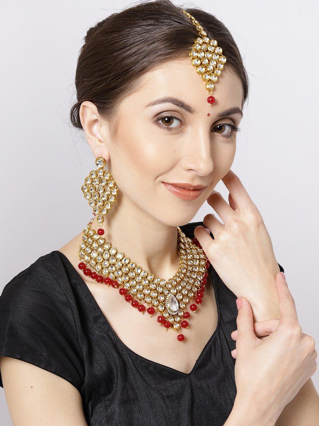 Women's Kundan Ruby Gold Plated MaangTika Jewellery Set - Priyaasi - Indiakreations