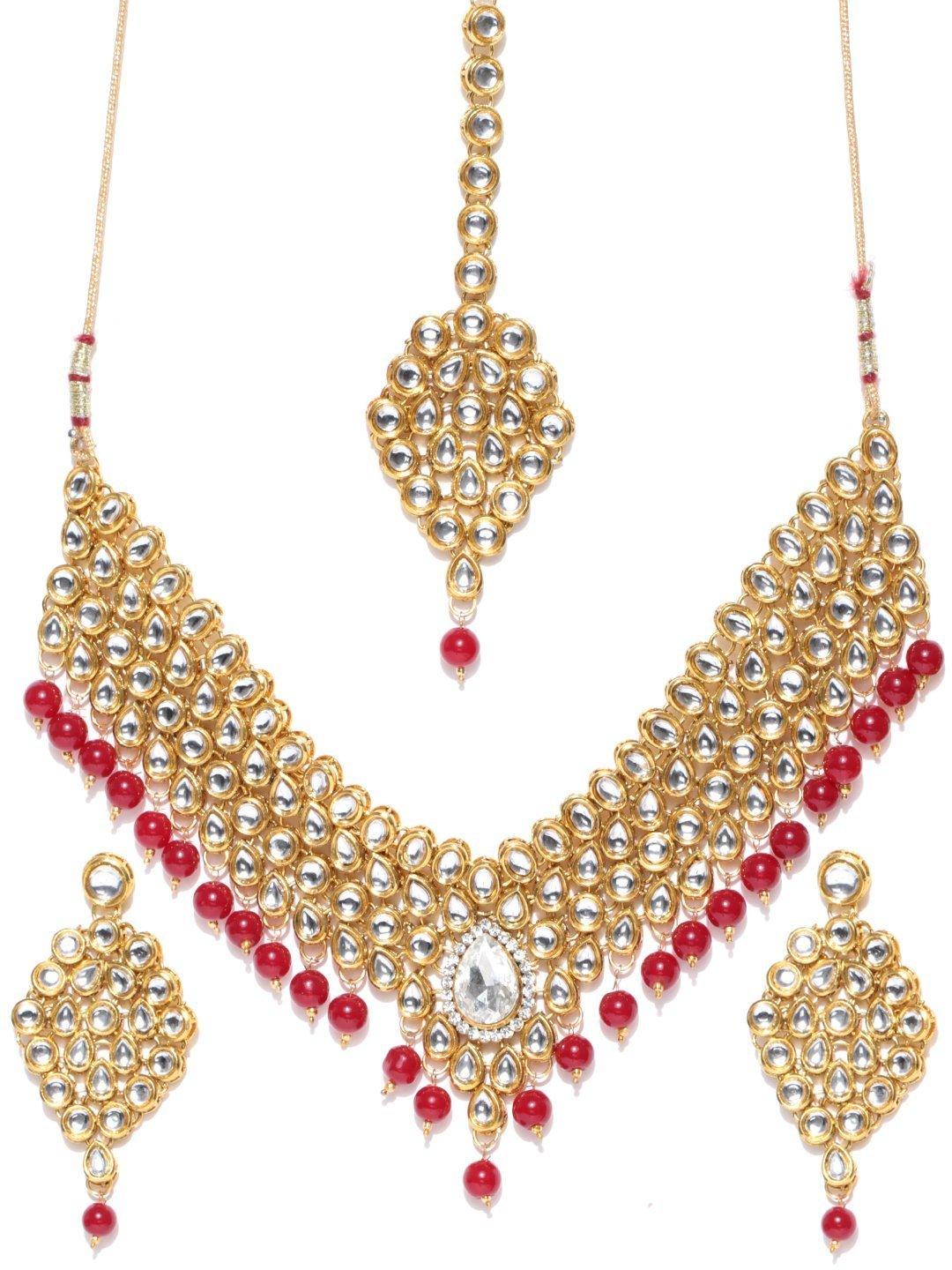 Women's Kundan Ruby Gold Plated MaangTika Jewellery Set - Priyaasi - Indiakreations