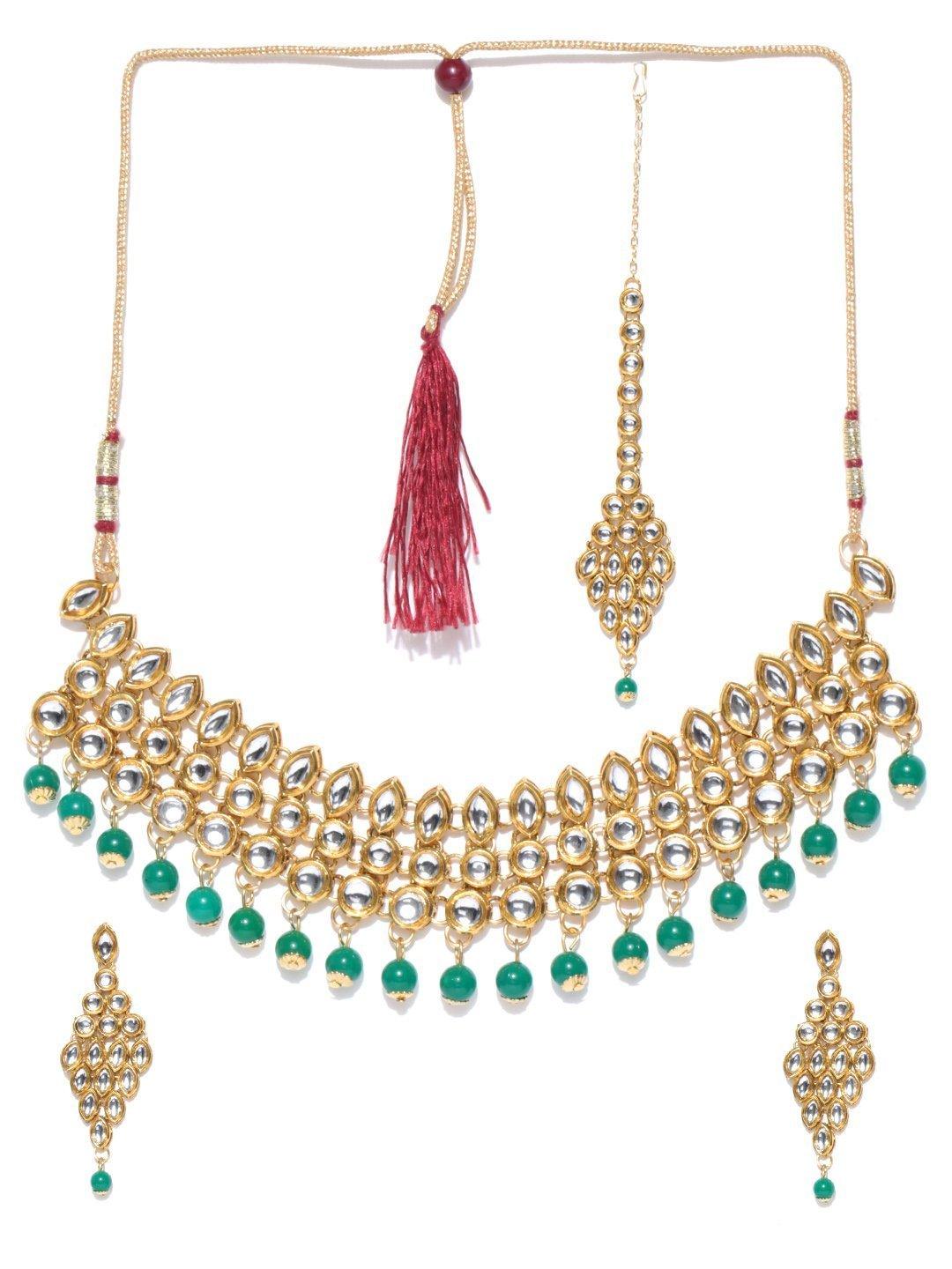 Women's Emerald Kundan Gold Plated MaangTika Jewellery Set - Priyaasi - Indiakreations