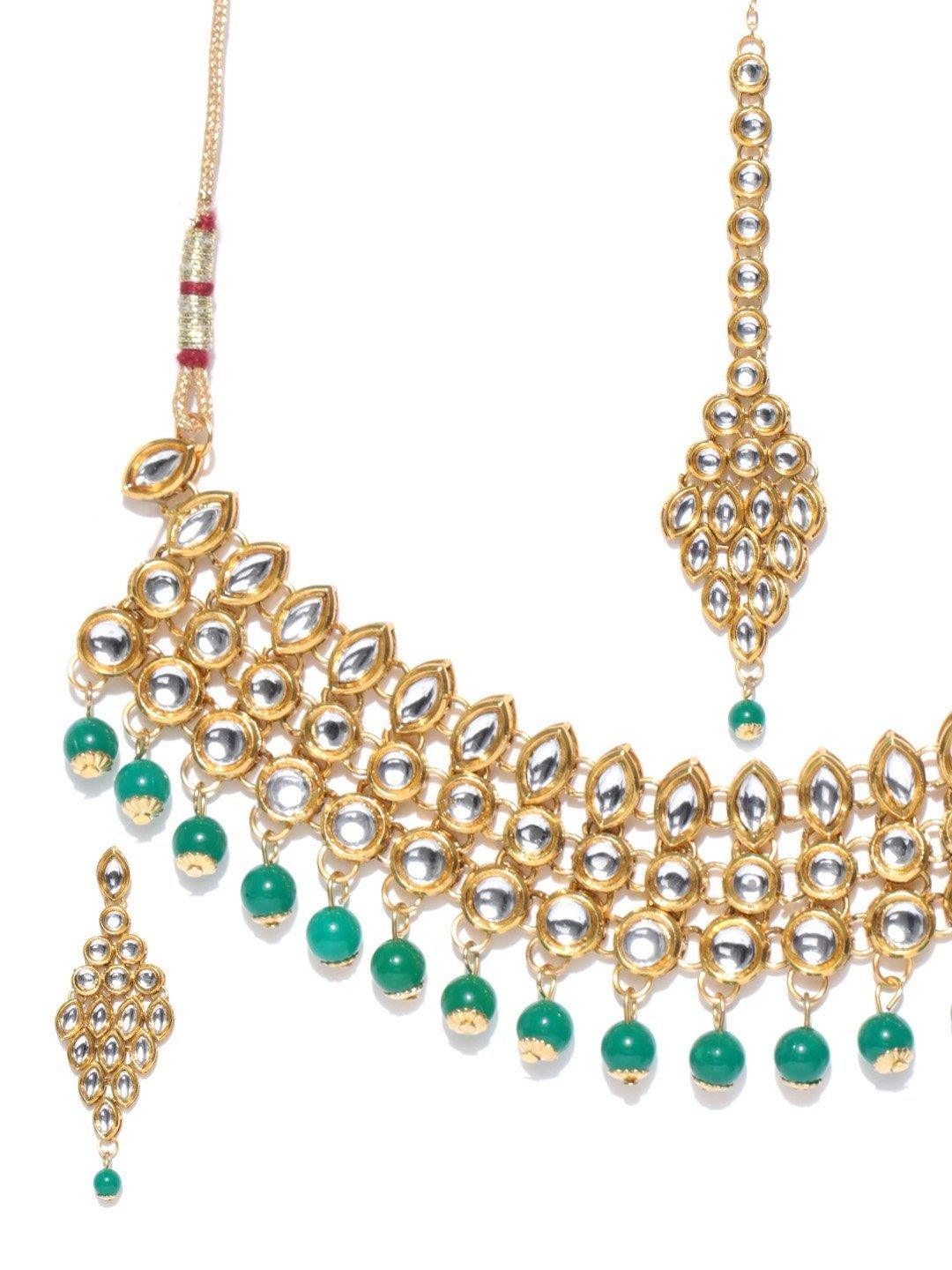 Women's Emerald Kundan Gold Plated MaangTika Jewellery Set - Priyaasi - Indiakreations