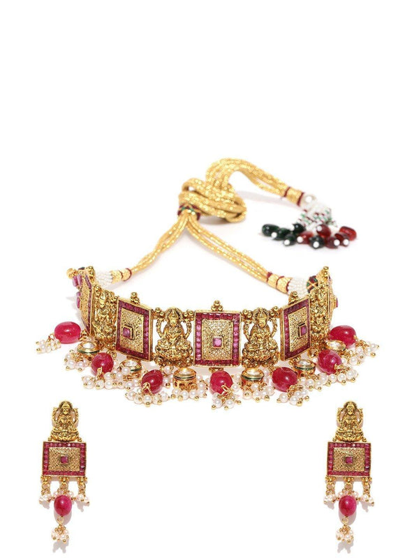 Women's Ruby Beads Gold Plated Temple Choker - Priyaasi - Indiakreations