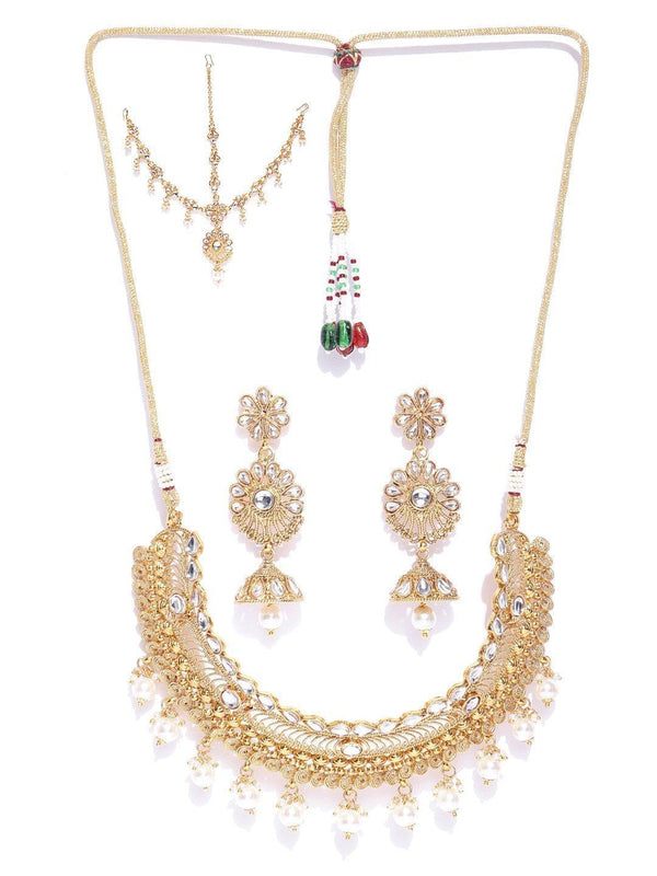 Women's Kundan Pearls Gold Plated MaangTika Jewellery Set - Priyaasi - Indiakreations