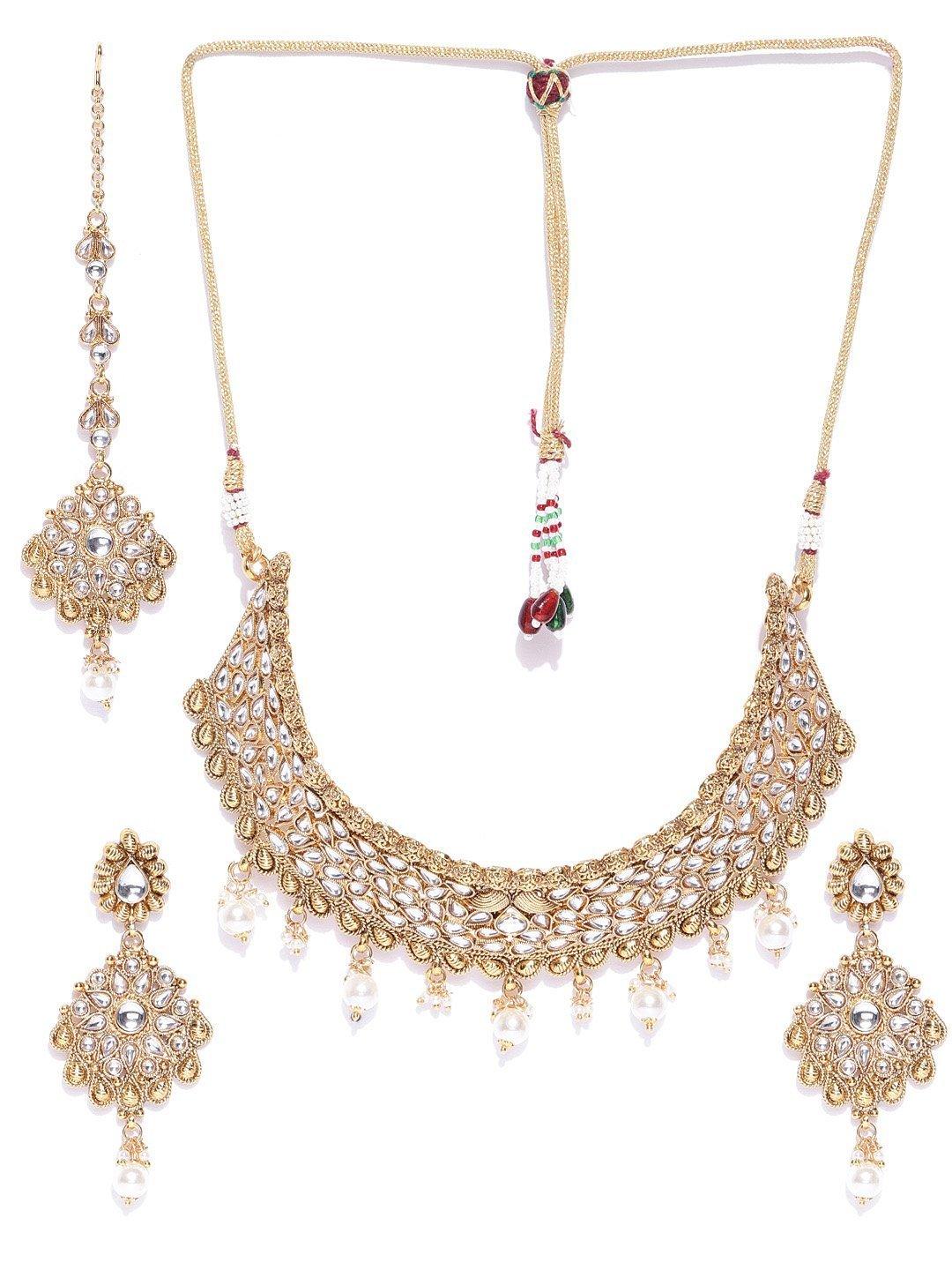 Women's White Beads Pearls Kundan Gold Plated MaangTika Jewellery Set - Priyaasi - Indiakreations