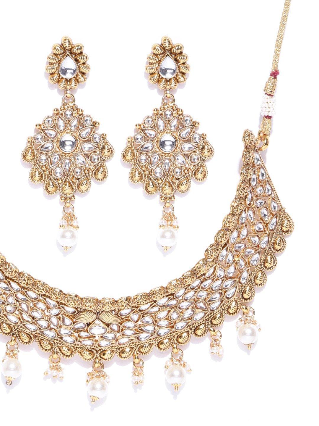 Women's White Beads Pearls Kundan Gold Plated MaangTika Jewellery Set - Priyaasi - Indiakreations