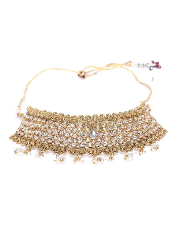 Women's White Beads Pearls Kundan Gold Plated MaangTika Jewellery Set - Priyaasi - Indiakreations