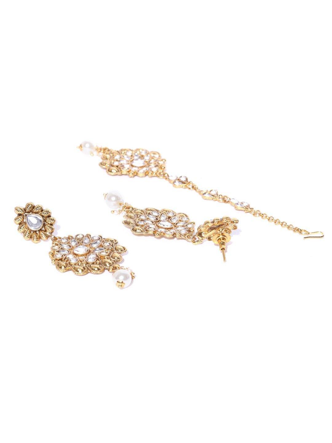 Women's White Beads Pearls Kundan Gold Plated MaangTika Jewellery Set - Priyaasi - Indiakreations