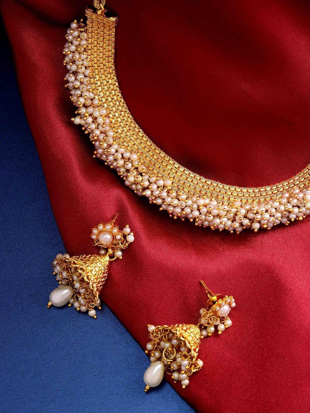 Women's White Beads Pearls Gold Plated Jewellery Set - Priyaasi - Indiakreations