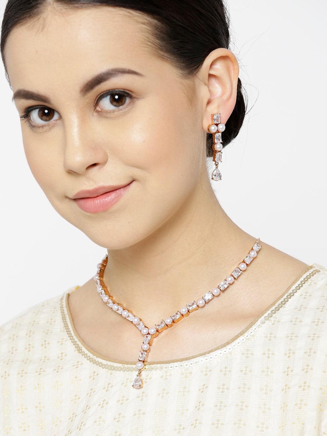Women's American Diamond Pearls Rose Gold Plated Jewellery Set - Priyaasi - Indiakreations