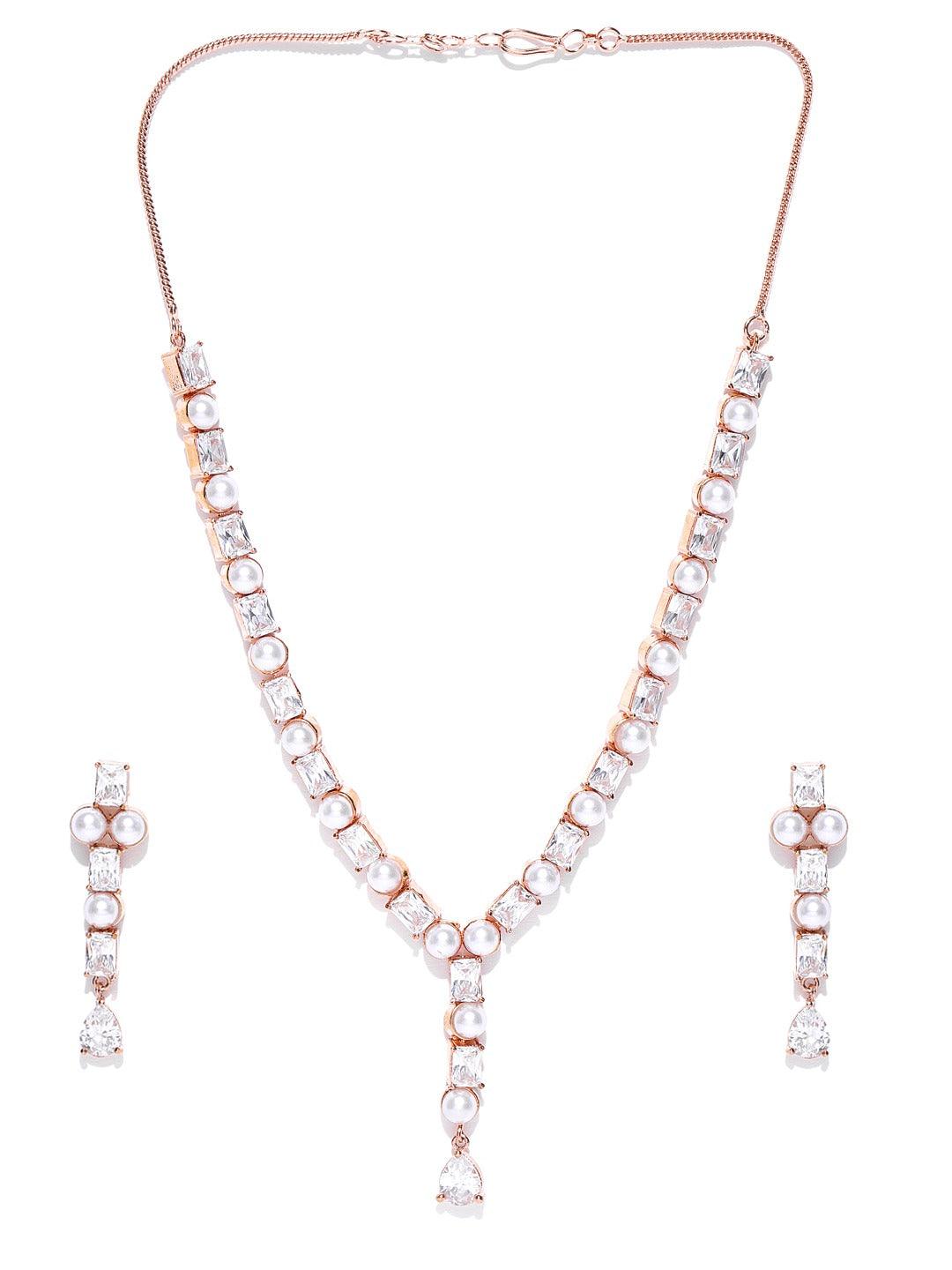 Women's American Diamond Pearls Rose Gold Plated Jewellery Set - Priyaasi - Indiakreations