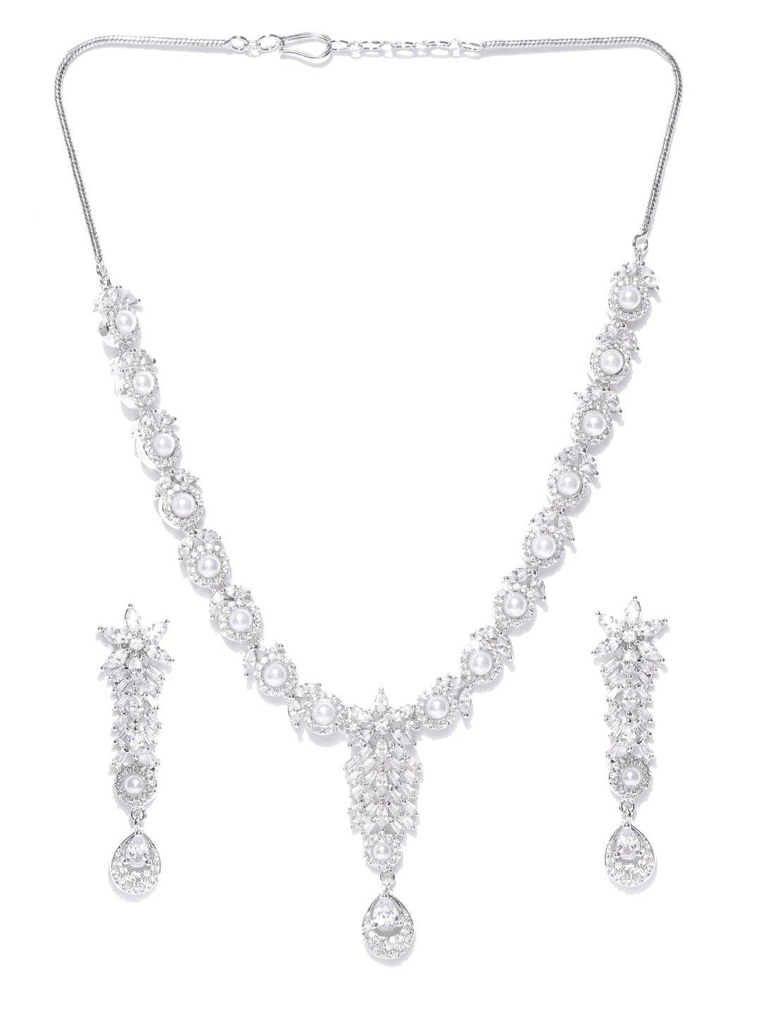 Women's American Diamond Pearls Silver Plated Jewellery Set - Priyaasi - Indiakreations
