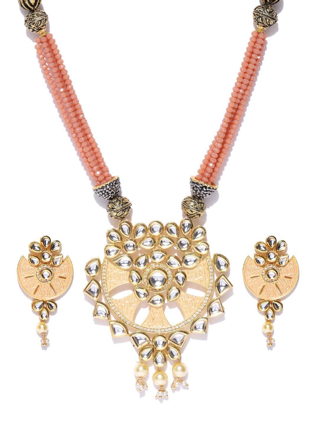 Women's Peach Beads Kundan Pearls Gold Plated Jewellery Set - Priyaasi - Indiakreations