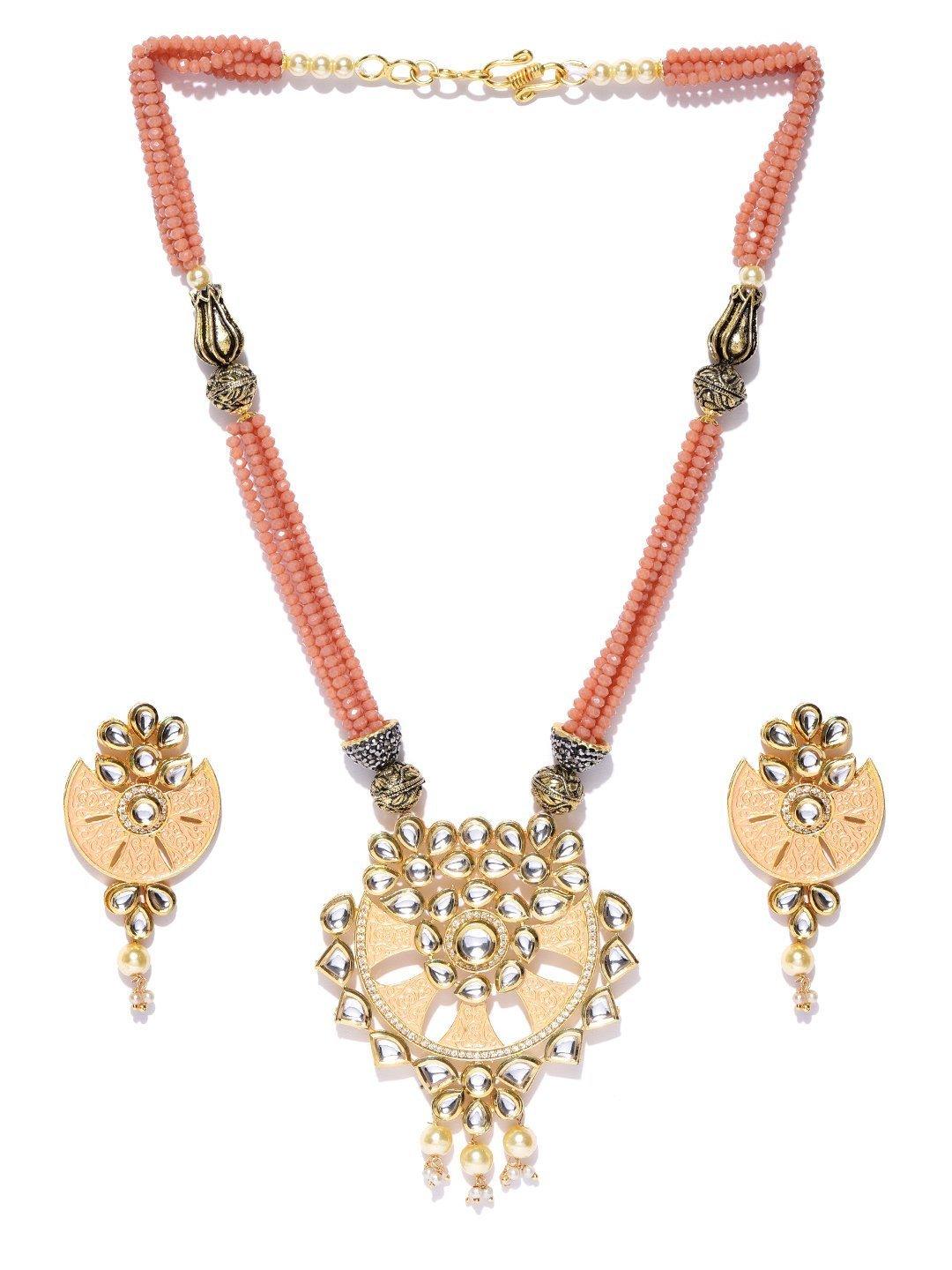 Women's Peach Beads Kundan Pearls Gold Plated Jewellery Set - Priyaasi - Indiakreations