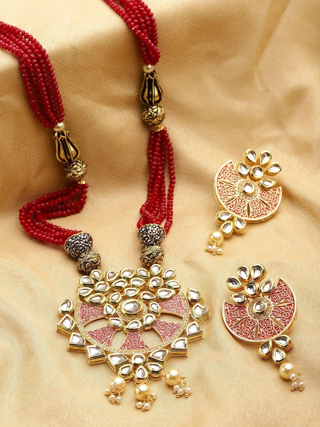 Women's Red Beads Kundan Pearls Gold Plated Jewellery Set - Priyaasi - Indiakreations