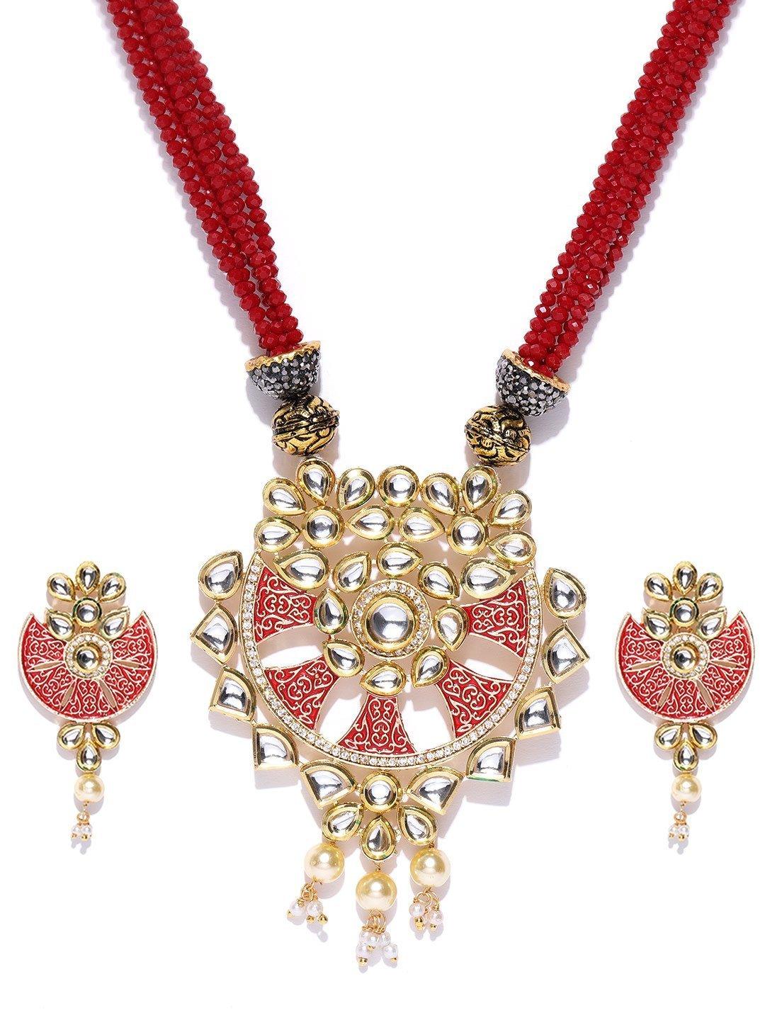 Women's Red Beads Kundan Pearls Gold Plated Jewellery Set - Priyaasi - Indiakreations