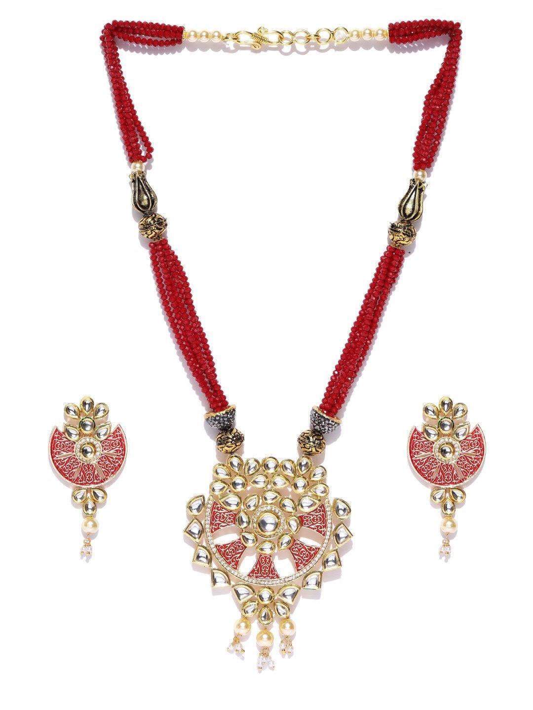 Women's Red Beads Kundan Pearls Gold Plated Jewellery Set - Priyaasi - Indiakreations