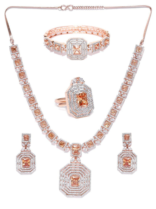 Women's American Diamond Rose Gold Plated Jewellery Set With Bracelets & Ring - Priyaasi - Indiakreations