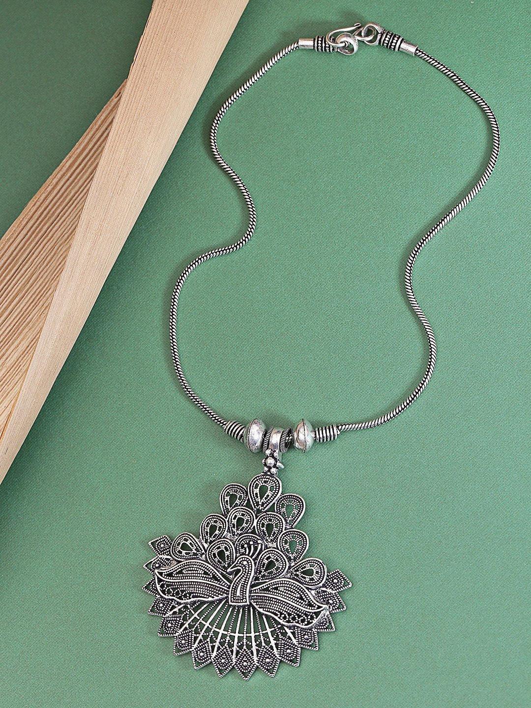 Women's German Silver Oxidised Peacock Pendant - Priyaasi - Indiakreations