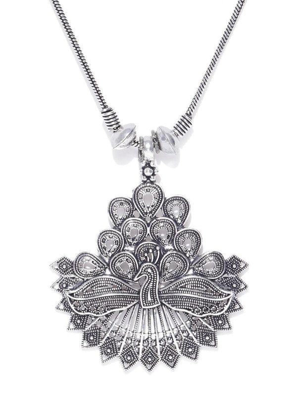 Women's German Silver Oxidised Peacock Pendant - Priyaasi - Indiakreations