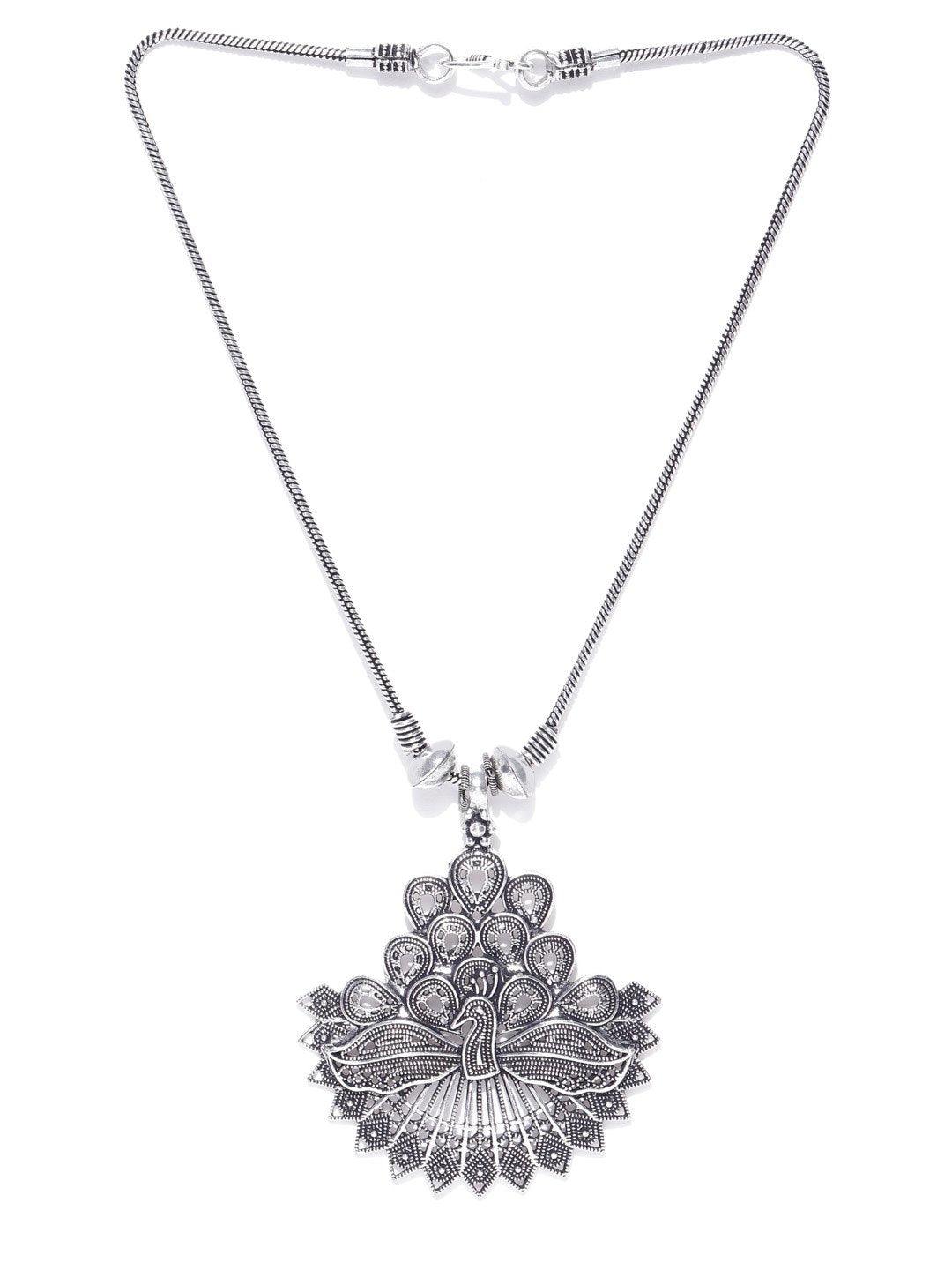 Women's German Silver Oxidised Peacock Pendant - Priyaasi - Indiakreations