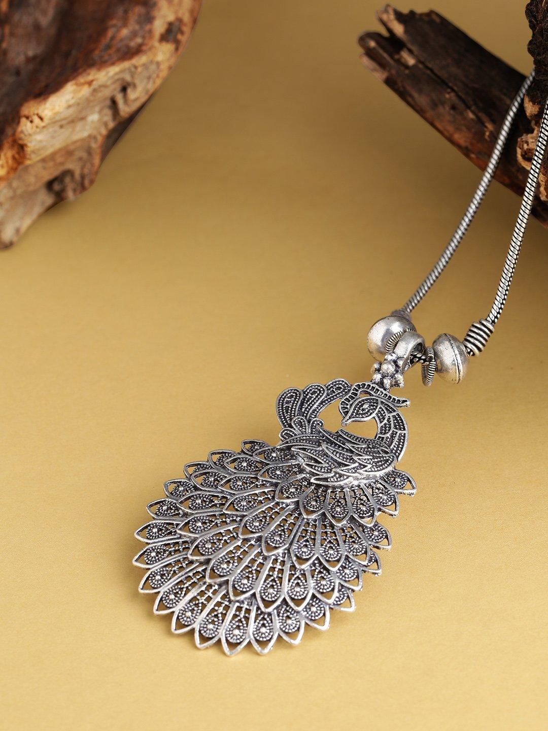 Women's German Silver Oxidised Peacock Pendant - Priyaasi - Indiakreations