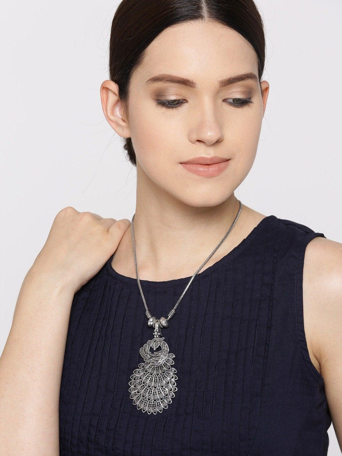 Women's German Silver Oxidised Peacock Pendant - Priyaasi - Indiakreations