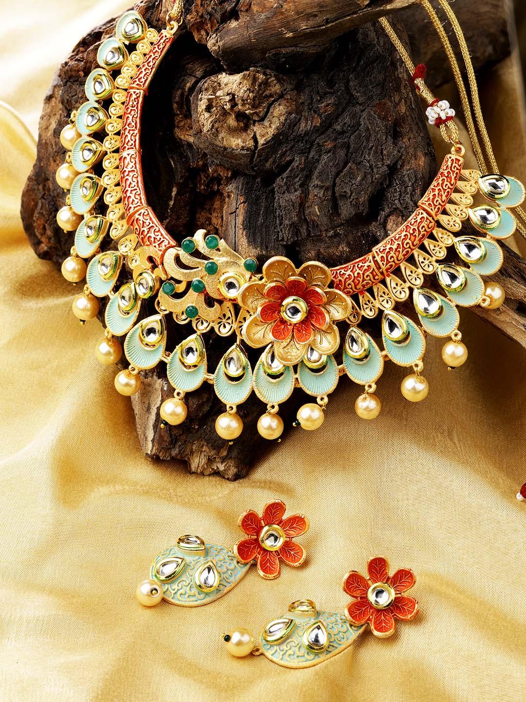 Women's Multi-Color Kundan Pearls Gold Plated Floral Jewellery Set - Priyaasi - Indiakreations