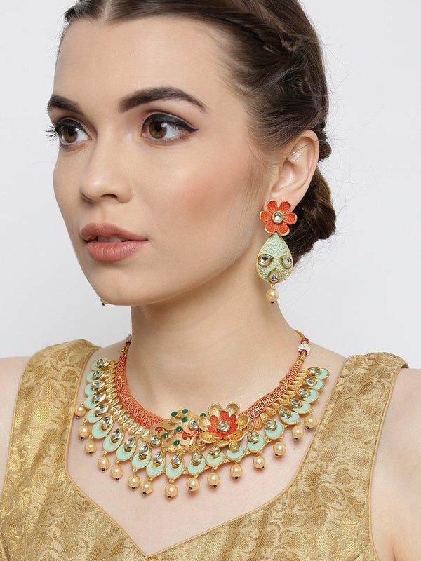 Women's Multi-Color Kundan Pearls Gold Plated Floral Jewellery Set - Priyaasi - Indiakreations