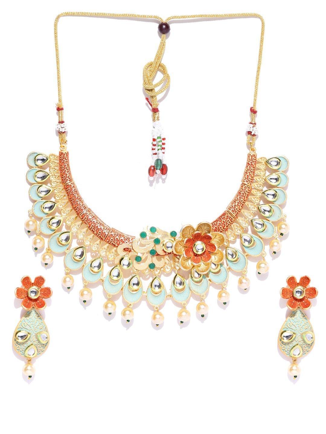 Women's Multi-Color Kundan Pearls Gold Plated Floral Jewellery Set - Priyaasi - Indiakreations