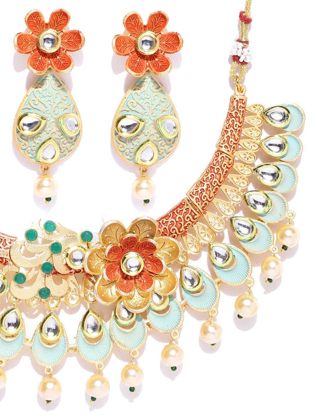 Women's Multi-Color Kundan Pearls Gold Plated Floral Jewellery Set - Priyaasi - Indiakreations