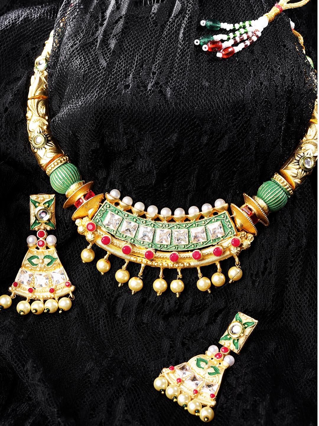 Women's Ruby Pearls Stones Gold Plated Meenakari Jewellery Set - Priyaasi - Indiakreations