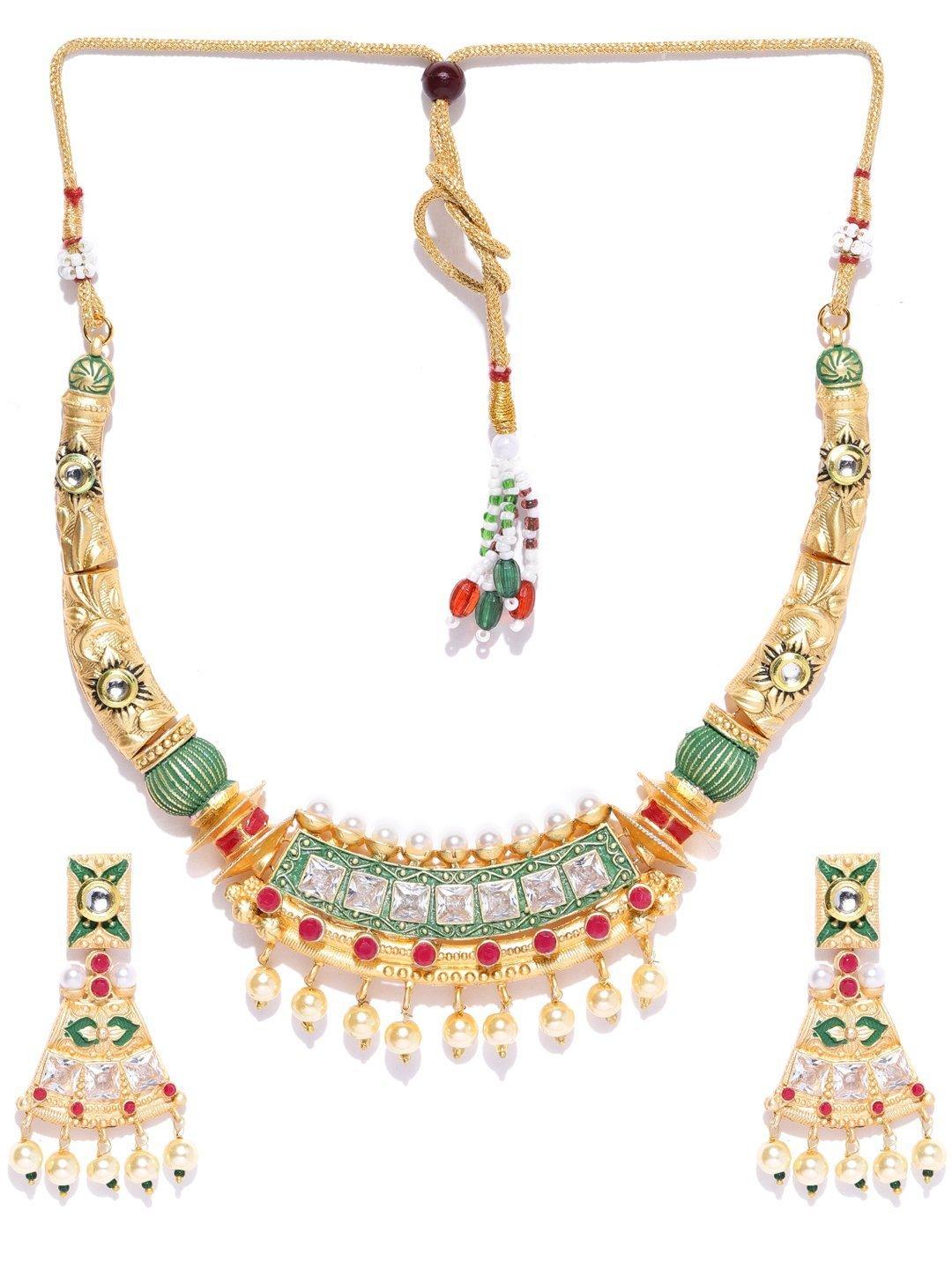 Women's Ruby Pearls Stones Gold Plated Meenakari Jewellery Set - Priyaasi - Indiakreations